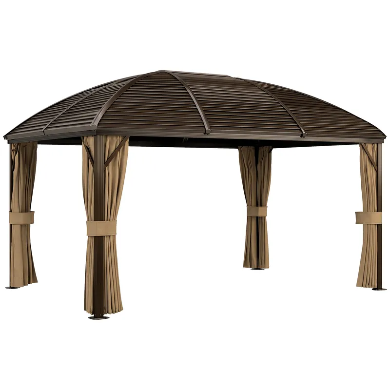 Outsunny Pavillon mit Hardtop, 4x3 m Wasserdicht Stabil Winterfest Gartenpavillon mit Moskitonetz, Haken, Seitenteile, Bogendach, Garten-Pavillon aus Aluminium, für Garten, Terrasse, Braun