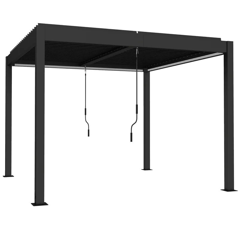 Outsunny Pergola 3x3 m Aluminium Terrassenüberdachung mit LED-Beleuchtung Fernbedienung verstellbar Lamellendach Entwässerungsrinnen, wetterfest stabil Pavillon Terrassendach Gartenpavillon Dunkelgrau